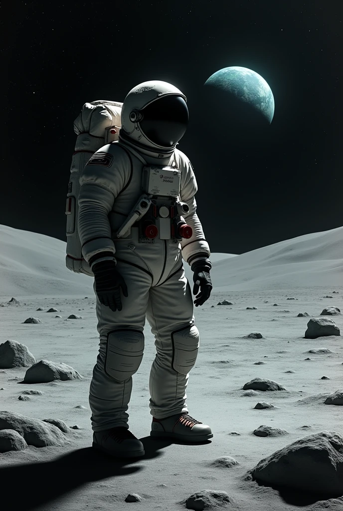 Make a depressed astronaut on the moon looking at the earth,in black and white