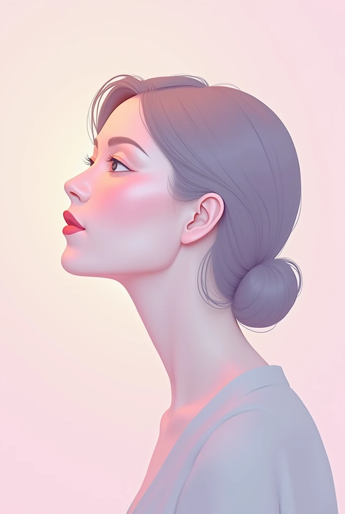 minimalist abstract portrait of a mature woman, her features reduced to simple, flowing lines and soft pastel colors. The background is a gentle gradient of pinks and purples, creating a calm and serene atmosphere. Her hair is depicted as a series of soft curves, blending into the background, while her eyes are mere hints, suggesting deep contemplation. The focus is on simplicity and elegance, with a subtle play of light and shadow to create depth. The overall mood is tranquil and introspective, emphasizing the beauty of simplicity.