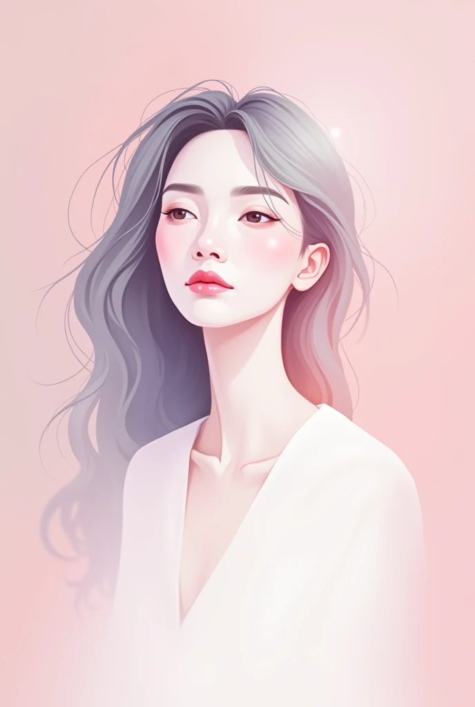  minimalist abstract portrait of a mature woman, her features reduced to simple, flowing lines and soft pastel colors. The background is a gentle gradient of pinks and purples, creating a calm and serene atmosphere. Her hair is depicted as a series of soft curves, blending into the background, while her eyes are mere hints, suggesting deep contemplation. The focus is on simplicity and elegance, with a subtle play of light and shadow to create depth. The overall mood is tranquil and introspective, emphasizing the beauty of simplicity.
