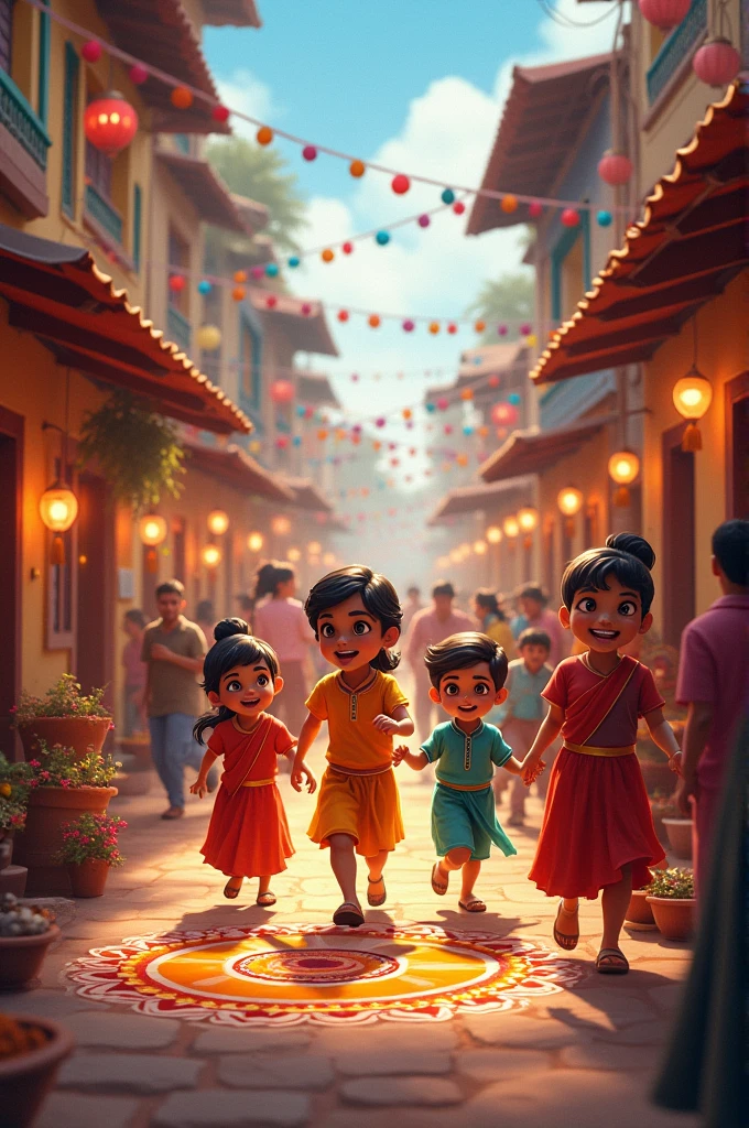 Generate an image of diwali festival in town with kids playing around their houses