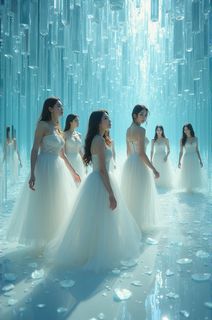 I'm taking photos for a new concept album. Create a concept photo of a girl group in a room full of glass and crystals