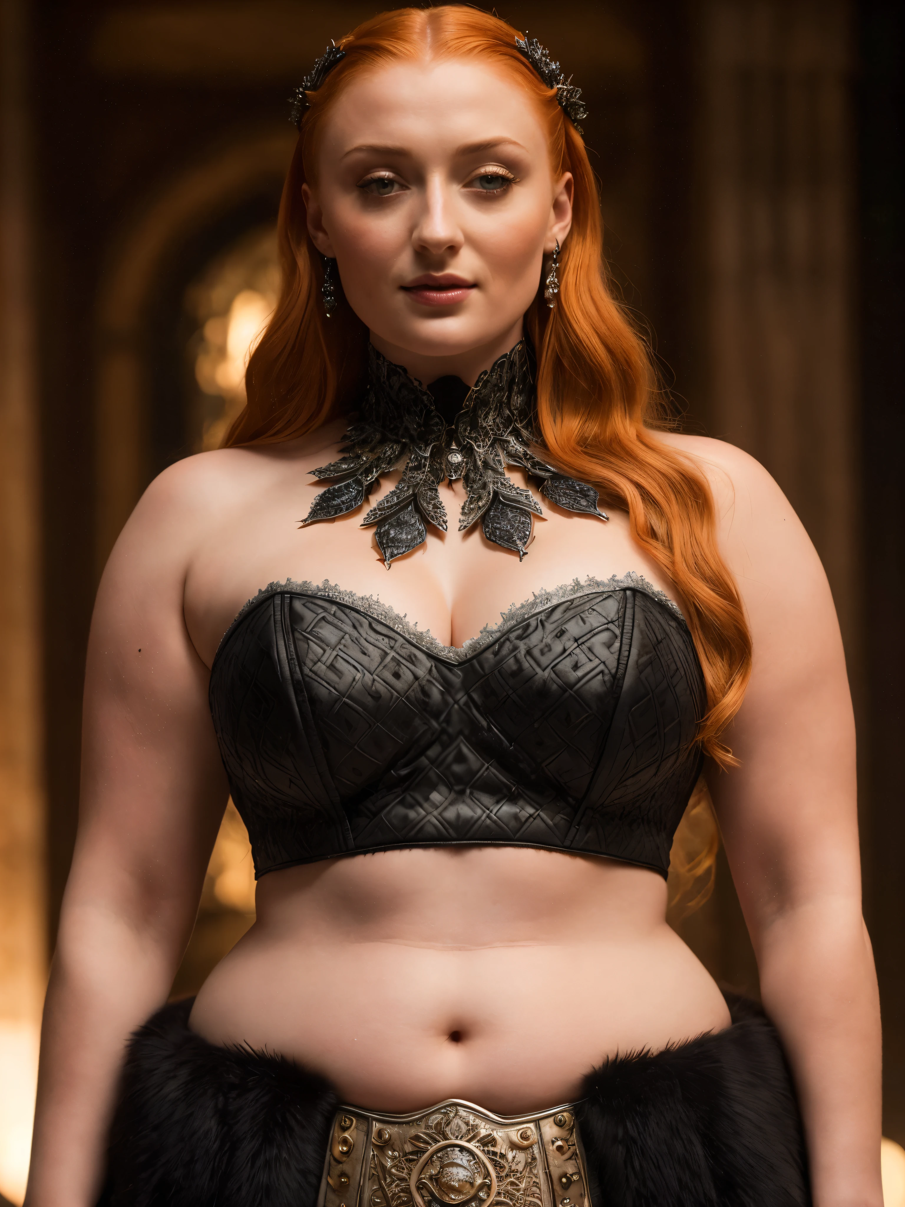 Face of Sophie Turner, Sansa Stark played by Sophie Turner, EXTREMELY GORGEOUS, STUNNING BEAUTY, the de facto Lady of the Eyrie, is a 50-year-old mature queen with a stunning, WIDE BODY, CURVY, THICK FLESHY FIGURE, alluring appearance. Full Face, Full figured woman, FULL FIGURED LADY, pierced eyes, reddish lips, upper body shot, erotic Mediaeval costumes, game of thrones costumes, She wears a Game of Thrones-inspired costume and has a deep cleavage, a perfect thick body, and a perfect thick figure. The photograph captures her in a close-up, with her skin texture and facial features being ultra-realistic and realistic. Juicy thick figure, high quality skin, Skin pores, amazing details, snow, snow flakes, semi realistic, extremely detailed eyes, dark moody orange and black settings, cool environment, artificial intelligence, BEAUTIFUL EPIC QUEEN LADY,