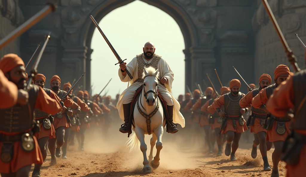 18th century fat Tipu Sultan of south India in Mysore with bald head and handlebar moustache with clean shaven chin and head wearing a silky muslin white gown holding a turkish arched steel sword in right hand riding a white horse followed by his bodyguards wearing turbans running behind him and holding blunderbuss guns emerging from a 6 feet dark stone arched tunnel of fort srirangapatna charging towards the British soldiers in red uniform who are targeting and firing with muskets from their opposite side in a very realistic UHD landscape resolution in broad daylight condition