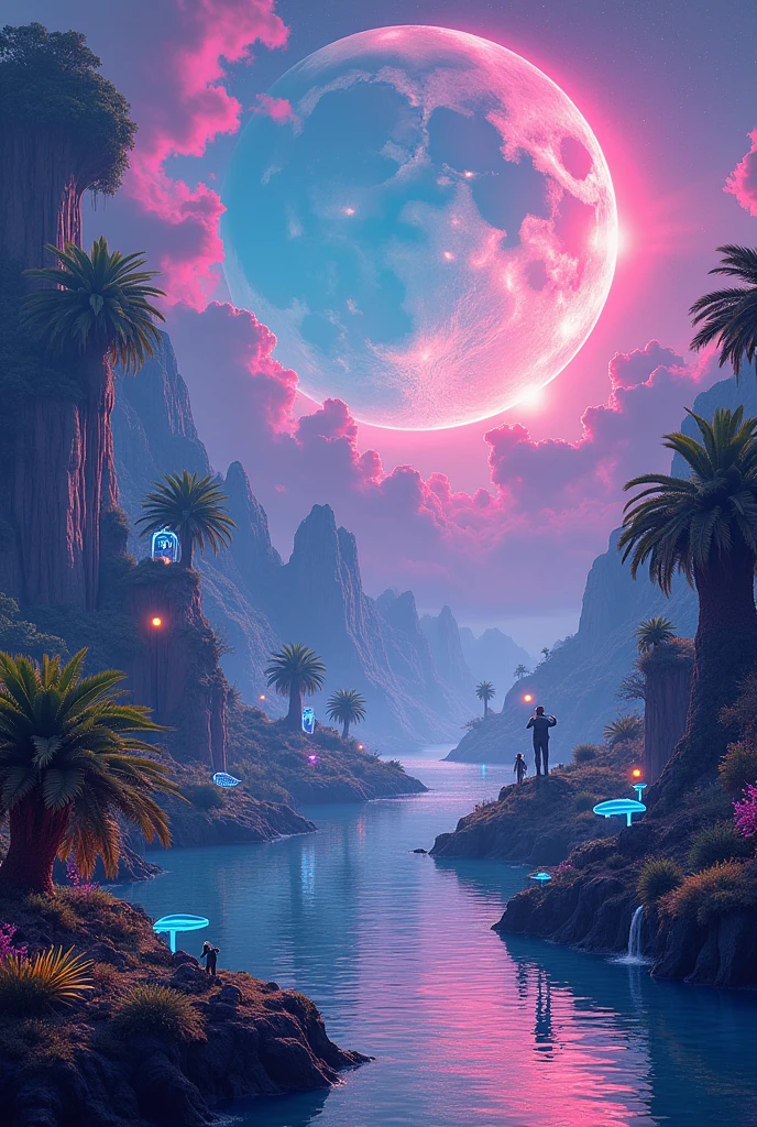 ((best quality)), ((masterpiece)), (detailed), Create a vibrant, otherworldly landscape of Quan5am World. Imagine a planet where technology and nature seamlessly blend together. The sky is a swirling tapestry of neon colors—purples, blues, and greens—illuminated by three large moons casting a soft glow. Floating islands with lush, bioluminescent vegetation hover above a shimmering ocean that reflects the kaleidoscopic sky. Futuristic cities with sleek, transparent towers and glowing pathways are nestled among towering crystal formations. The scene is alive with diverse alien creatures, some of which have intricate, glowing patterns, interacting harmoniously with advanced technology. The overall atmosphere is both serene and awe-inspiring, combining elements of sci-fi and fantasy.