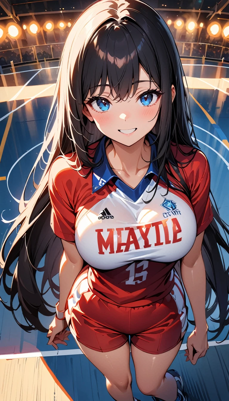 (highest quality:1.2, Very detailed, Latest, Vibrant, Ultra-high resolution, High Contrast, masterpiece:1.2, highest quality, Best aesthetics), (((1 girl))), Beautiful woman, (smile), Photon Mapping, Radio City, Physically Based Rendering, Cinema Lighting, Basketball court,Written boundary depth, Sharp focus,Sunbeam, Good composition, (Bokeh:1.2), Watery eyes, Fine grain, Random Pause, Tight waist, Volleyball Uniforms, Shorts, Black Hair, Shiny straight hair, Long hair blowing in the wind,Large Breasts、(from above:1.1)