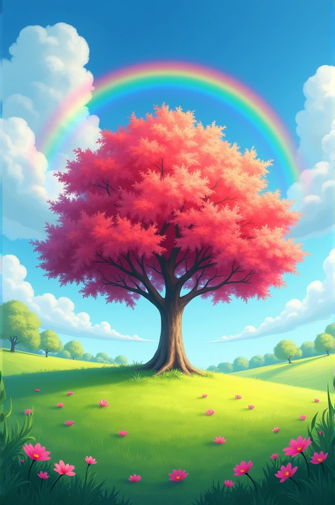 make a green field with a rounded tree in the middle, with red and pink leaves, the sky being brightly colored and with a rainbow in the background