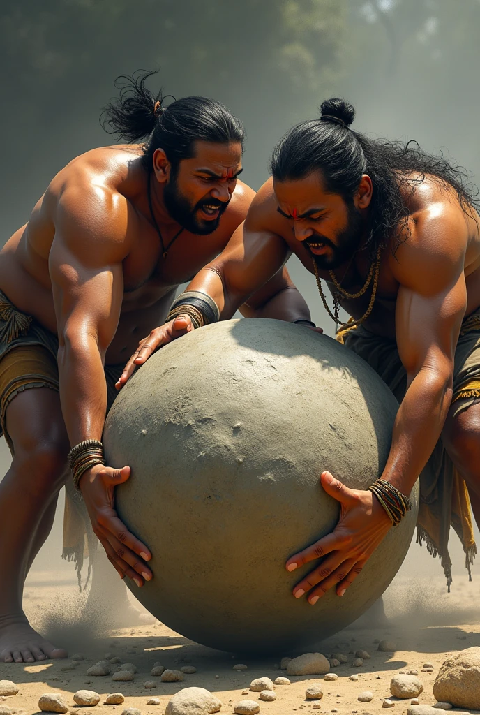 Action: Ramoo and Shyamu are shown straining together, pushing the large stone with all their might.Details: They are sweating and showing effort, with their hands gripping the stone tightly.