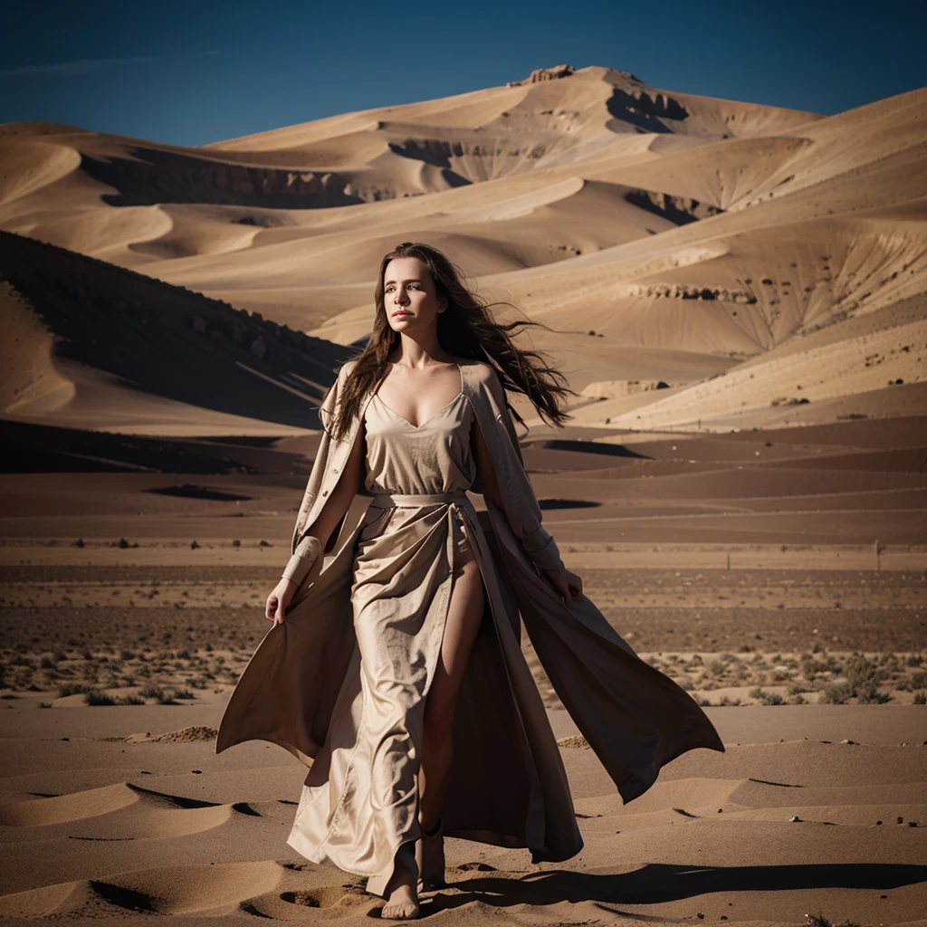a beautiful young woman with long flowing brown hair, sarah paulson, wearing an elegant sci-fi inspired gown, standing in the middle of a vast desert landscape, dramatic lighting, cinematic composition, hyper realistic, 8k, high quality, detailed, photorealistic, dramatic lighting, moody colors, surreal atmosphere