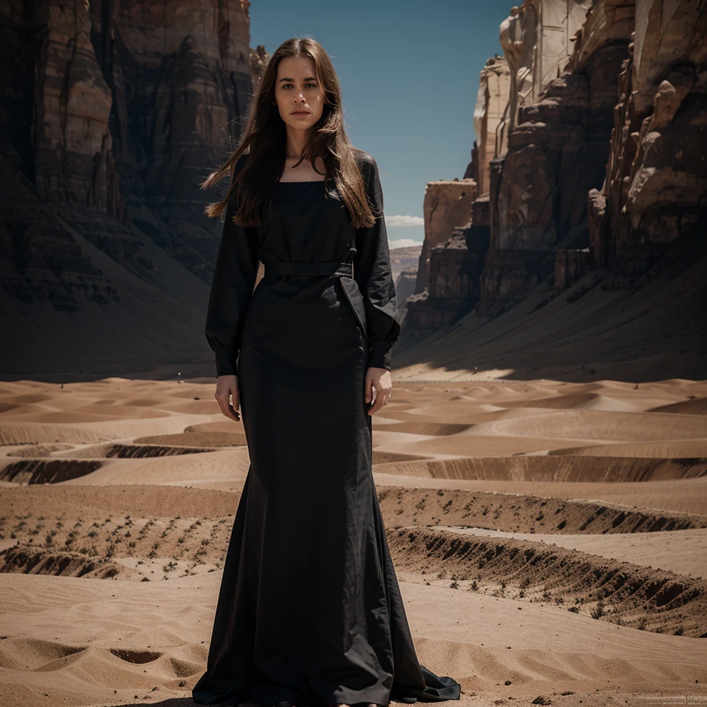 a beautiful young woman with long flowing brown hair, sarah paulson, wearing an elegant sci-fi inspired gown, standing in the middle of a vast desert landscape, dramatic lighting, cinematic composition, hyper realistic, 8k, high quality, detailed, photorealistic, dramatic lighting, moody colors, surreal atmosphere