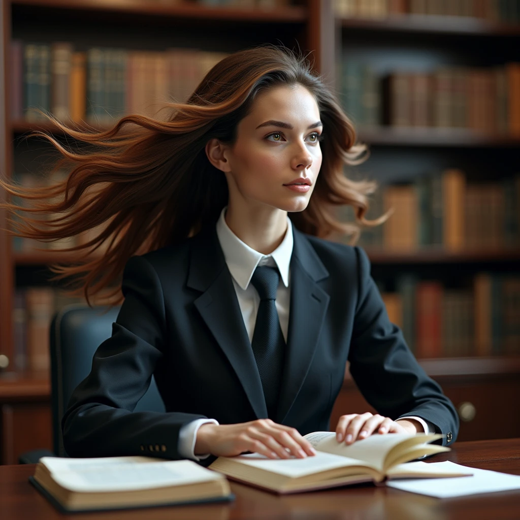 top quality, in libraryfuture world, State-of-the-art robot, Beautiful Woman, flying hair, Transformed into a cyborg except for the face, whole body photo, (((lawyer, law court, law related thick books on table, libra on table, suit, in office, library Alexandria)))