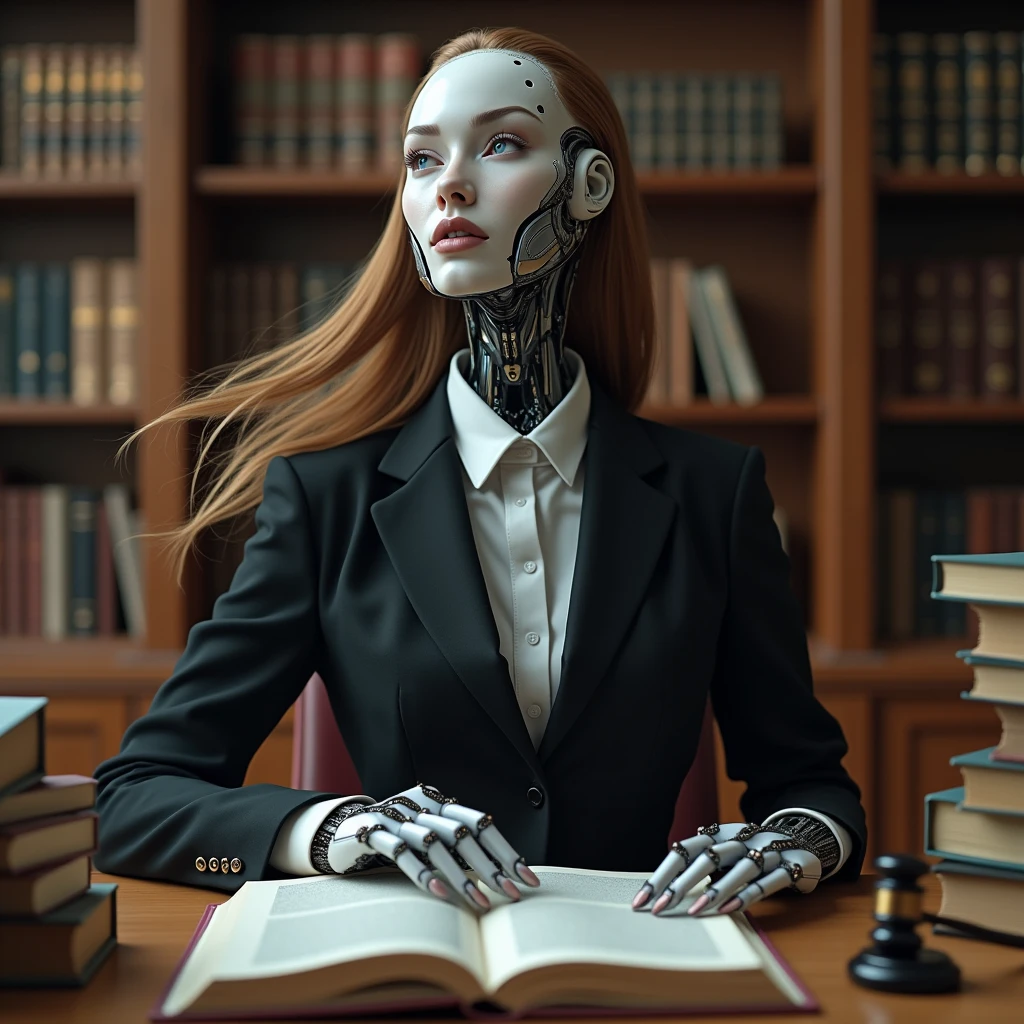 top quality, in libraryfuture world, State-of-the-art robot, Beautiful Woman, flying hair, Transformed into a cyborg except for the face, whole body photo, (((lawyer, law court, law related thick books on table, libra on table, suit, in office, library Alexandria)))