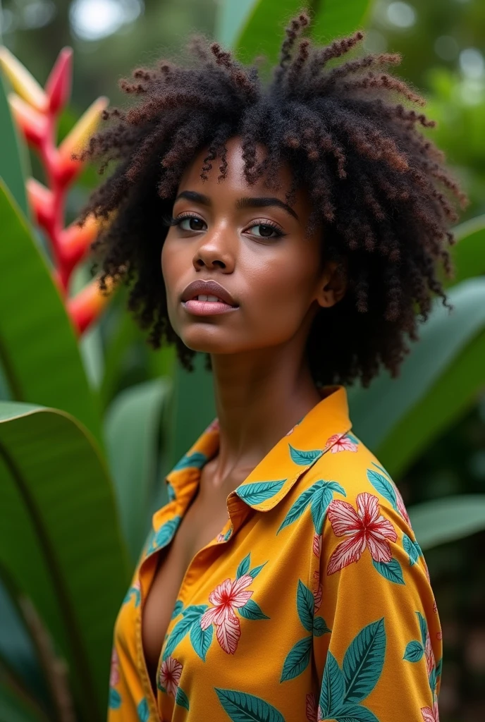 A Brazilian woman in a lush tropical garden, wearing an open shirt with a floral print, with a close-up capturing the harmonious beauty between her breasts and the natural flowers, showing off your natural charm and outgoing personality.