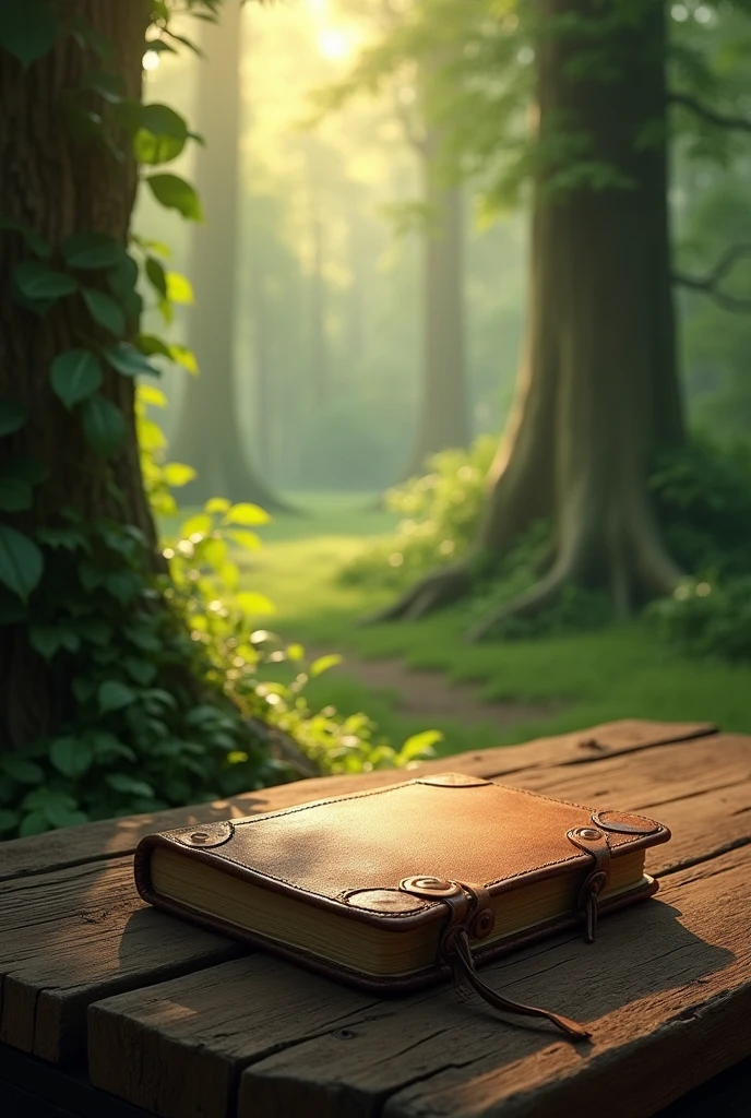 Forest in daylight, journal resting on a table. Image ratio 9:16