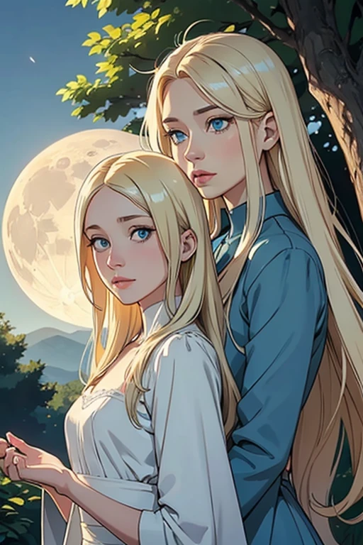 Two women in one photo，Double bust，The first woman has very light blonde hair and very light blue eyes, the other has very light blonde hair and the other has blue eyes., they both have long, flowing hair, pale skin, perfect faces, the first long hair, and the second medium, Beautiful dress not bulky forest escape element sun and moon, flower element corolla, soft portrait, it&#39;s interesting, blue dress, dress blue, dresss blue