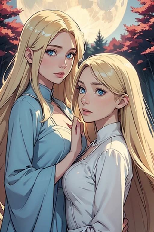 Two women in one photo，Double bust，The first woman has very light blonde hair and very light blue eyes, the other has very light blonde hair and the other has blue eyes., they both have long, flowing hair, pale skin, perfect faces, the first long hair, and the second medium, Beautiful dress not bulky forest escape element sun and moon, flower element corolla, soft portrait, it&#39;s interesting, blue dress, dress blue, dresss blue