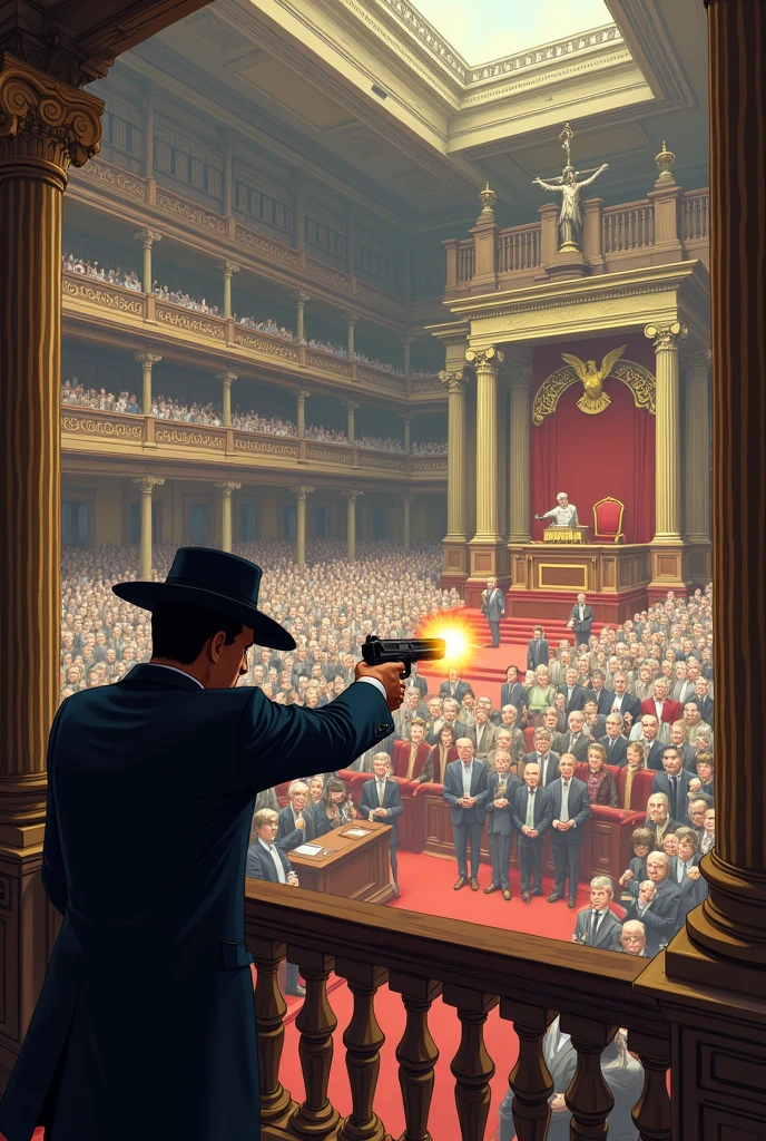 make a photo of hall ( assembly or parliament type )full of people ( photo should be from hight )
More clear photo and easy for draw
Make for easy to draw 
Now make a man with hat and one gun shot one person
More clear and easy to draw
More easy
More and most east
Most easiest to draw for ???
Help to draw it
