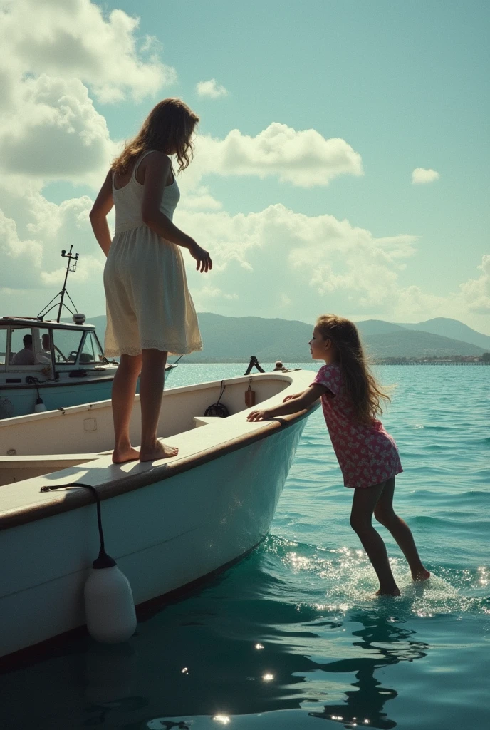 generates an image with this context: The woman, in an act of desperation, threw her daughter from the dock and the girl managed to fall right on the edge of the boat, thus managing to rescue her daughter..