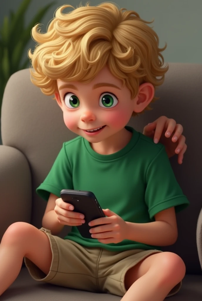 A boy with curly blond hair, green eyes, a green shirt, beige short pants sitting on a couch, looking on his black phone and scratching his back