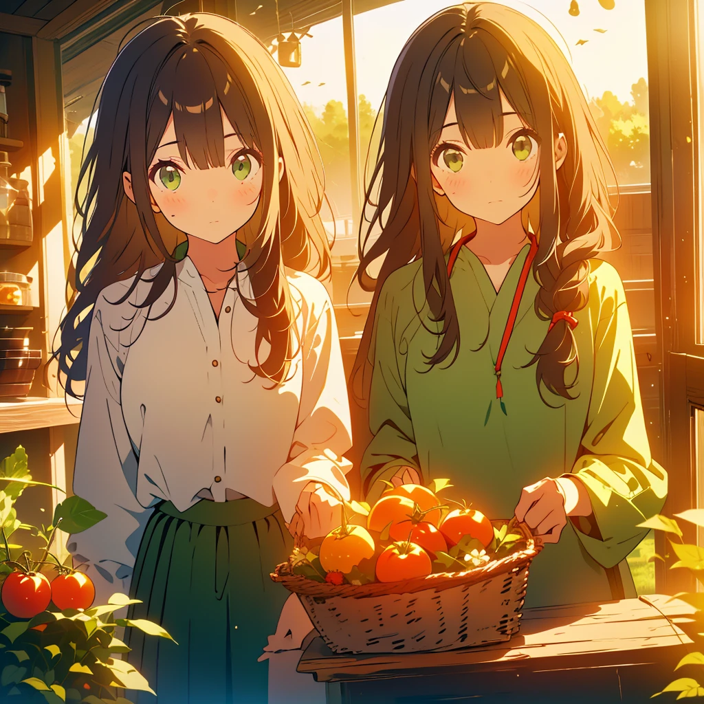husk tomato、A girl with long dark brown hair and green eyes、Highlight on eyes、afternoon、countryside、Suspicious expression、Detailed facial expressions