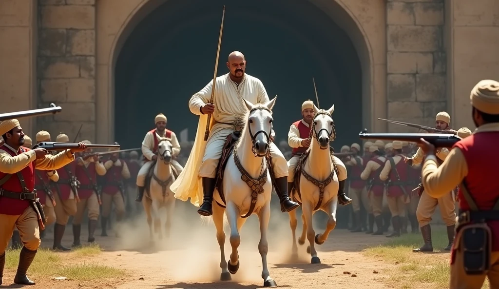 18th century fat Tipu Sultan of south India in Mysore with bald head and handlebar moustache with clean shaven face and head wearing a silky muslin white gown holding a turkish arched steel sword in right hand riding a white horse followed by his bodyguards wearing turbans running behind him and holding blunderbuss guns emerging from a 6 feet dark stone arched tunnel of fort srirangapatna charging towards the British soldiers in red uniform who are targeting and firing with muskets from their opposite side in a very realistic UHD landscape resolution in broad daylight condition
