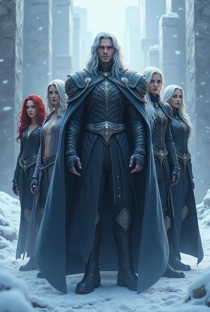 Here is information about the appearance of the members of the Frost Clan.:
### **1. Tobias Frost**
- **Appearance**: Tobias is an imposing man with long, silver hair., usually tied in a bun. His face is angular, with sharp features and a cold expression. He has icy blue eyes., that seem to penetrate deeply. His skin is pale and his presence exudes authority and power.. He wears black armor with silver details., designed to reflect her dominant and cold nature.
### **2. Ana**
- **Appearance**: Ana is a woman of average height, with shoulder-length dark brown hair and deep green eyes. She wears practical and elegant battle clothes., with a dark color palette and blue accents. His gaze is calculating and attentive, reflecting its strategic function.
### **3. Anthony**
- **Appearance**: Anthony tem uma presença marcante com cabelos loiros platinados e olhos azuis claros. She is tall and has an imposing posture.. Their attire is a combination of light armor and elegant fabrics., reflecting their role in caring for the newly transformed and the combination of power with elegance.
### **4. sara**
- **Appearance**: sara tem cabelos ruivos longos e ondulados, that contrast with her golden eyes. She has a strong and charismatic presence, with an athletic body and a posture that exudes confidence. Your hunting clothing is practical and durable, with leather and metal details.
### **5. Anaya**
- **Appearance**: Anaya is a tall, slender woman, with black hair and gray eyes. She has a more formal style of dress., with commando outfits that include a black cape with silver accents. Your posture is one of authority and control, reflecting his role as Tobias's right-hand man and commander of the castle.
### **6. Pink**
- **Appearance**: Pink tem cabelos loiros platinados e olhos verdes intensos. She's slender and agile, with a discreet and elegant presence. Your infiltration suit is dark and adaptable,