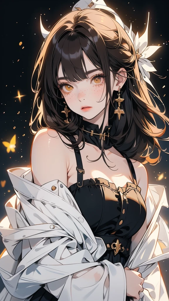anime girl 20 years old with narrow yellow eyes, a smoll mole under the eye, bruises under the eye, inconspicuous freckles on the nose, straight dark brown hair below the shoulders and oblique long bangs covering the left eye, pale skin, tired look, breasts of the second size, low height, 4k
