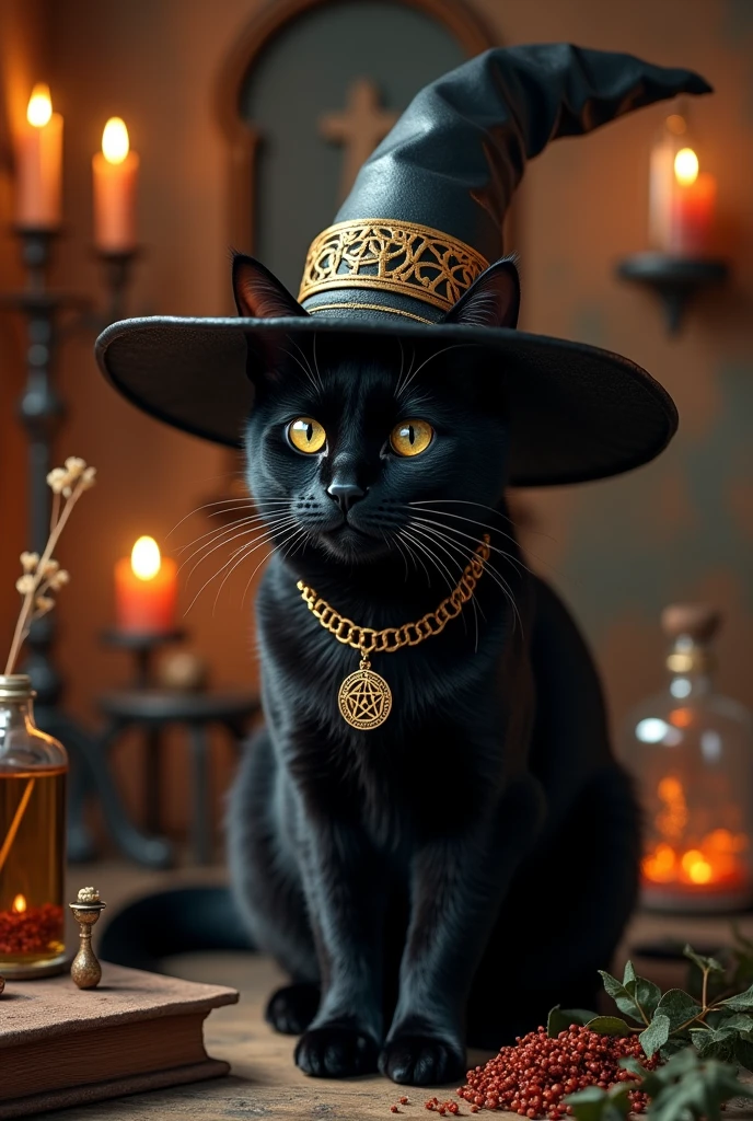 a cute black cat wearing witch'shat, in the style of dark amber and, hyper-detailed portraits, gothic fairytales, ethereal landscapes, hat, no humans, witch hat, cat, animal focus, animal, pumpkin, indoors, black headwear, wiccan artifacts, hyper-detailed,ultra-realistic, 8k,ultra-realistic, hyper-detailed, 32k uhd, (Background is Luxury witches room and magic room) Magic Items, Magic Bottle, Large Magic Bottles, Elven Magic Bottle, Fairy Magic Bottle, hexagram, Crystal Magic, magic books wiccan, Luxury hexagram necklace, luxurious witch necklace, very much Witch spices and Magic Spices, Magic Herbs in Bottles 