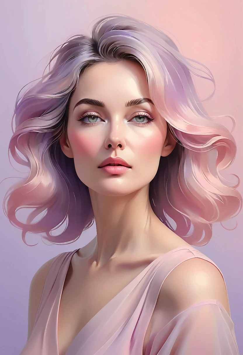minimalist abstract portrait of a mature woman, her features reduced to simple, flowing lines and soft pastel colors. The background is a gentle gradient of pinks and purples, creating a calm and serene atmosphere. Her hair is depicted as a series of soft curves, blending into the background, while her eyes are mere hints, suggesting deep contemplation. The focus is on simplicity and elegance, with a subtle play of light and shadow to create depth. The overall mood is tranquil and introspective, emphasizing the beauty of simplicity.