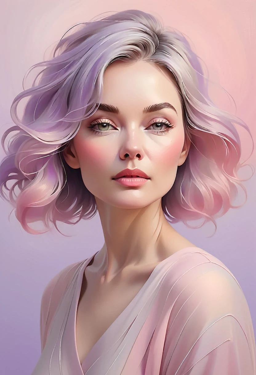 minimalist abstract portrait of a mature woman, her features reduced to simple, flowing lines and soft pastel colors. The background is a gentle gradient of pinks and purples, creating a calm and serene atmosphere. Her hair is depicted as a series of soft curves, blending into the background, while her eyes are mere hints, suggesting deep contemplation. The focus is on simplicity and elegance, with a subtle play of light and shadow to create depth. The overall mood is tranquil and introspective, emphasizing the beauty of simplicity.