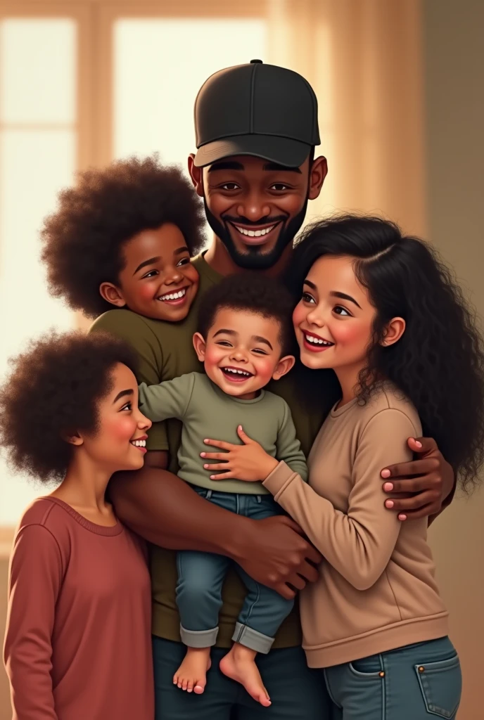 A black father in a black cap, with a white boy with curly black hair in her arms. A young brunette daughter with curly hair, On the left side, and another young white daughter with straight black hair, on the right side,  happy