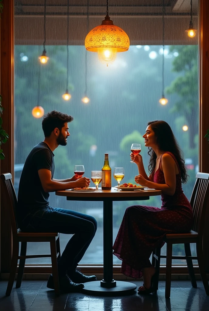 A boy age 27 south India from andhrapradesh wear jeans and t-shirt dusky skin and there was a girl age 25 north India from mumbai looks very modern she wears western dress looks very beautiful and active. Both are went restaurant. They sat opposite. Having lunch.Cloudy skies and full raining.