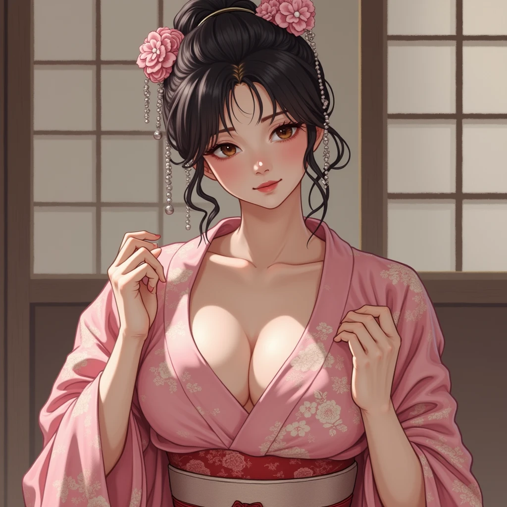 Beautiful mature Japanese woman aged 55, One woman, Married women, Long eyelashes, Low Ponytail, Red lipstick, Pink Cheeks, Pearl Necklace, Earrings, Dark eyeshadow, Cleavage, Colorful clothing with floral patterns, Long skirt, Beautiful body, Angel Smile, Focus on the whole body