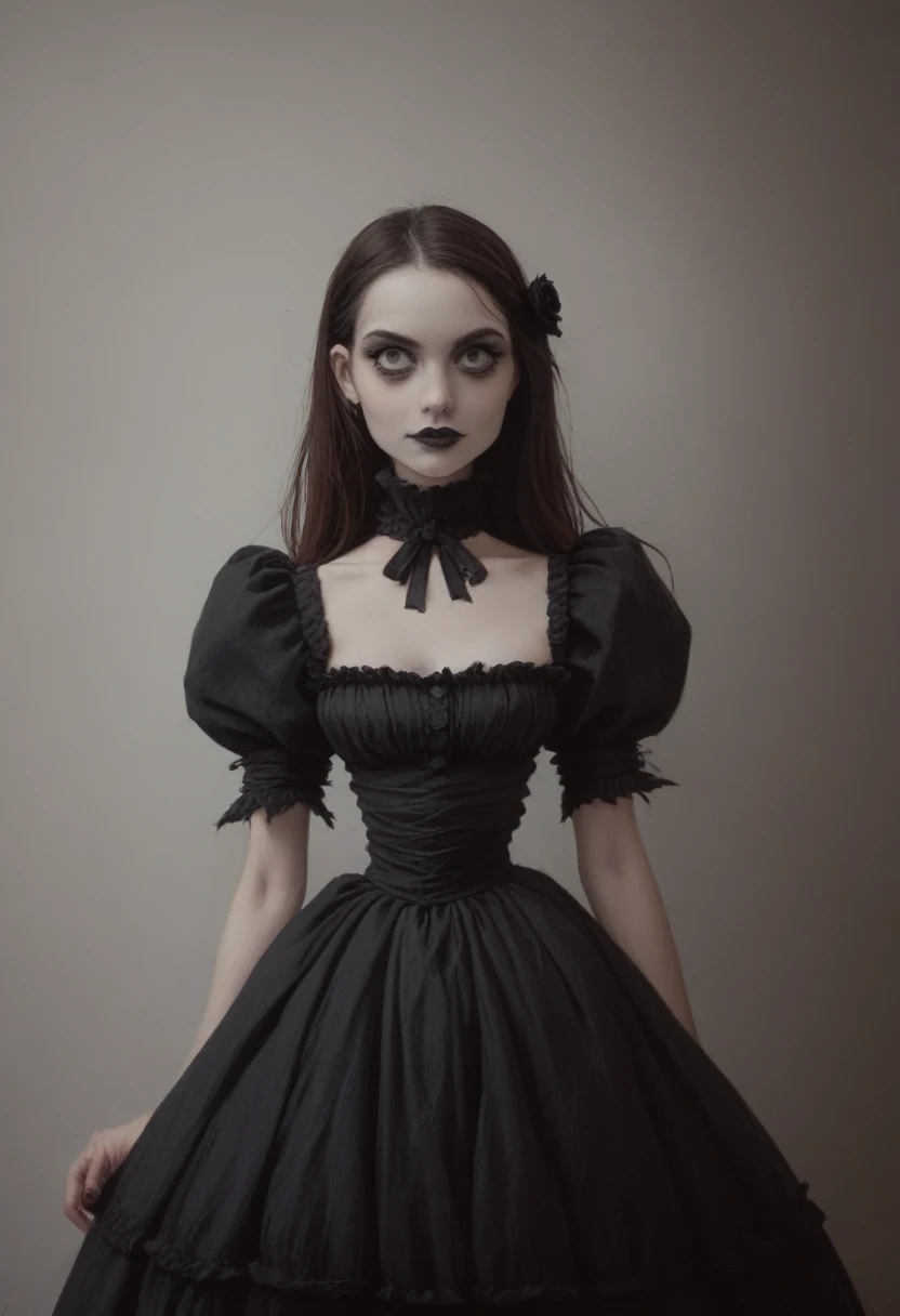 gorgeous doll + dark fantasy + morbid + macabre + portrait + frame + gothic dress + death + Tim Burton style + (((big boobs))) + ((realistic))