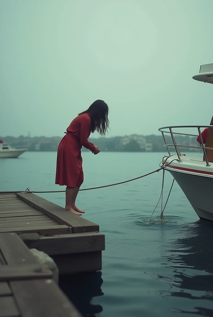 generates an image with this context: The woman, in an act of desperation, threw her baby from the dock and the baby managed to fall right on the edge of the boat, thus managing to rescue her daughter..