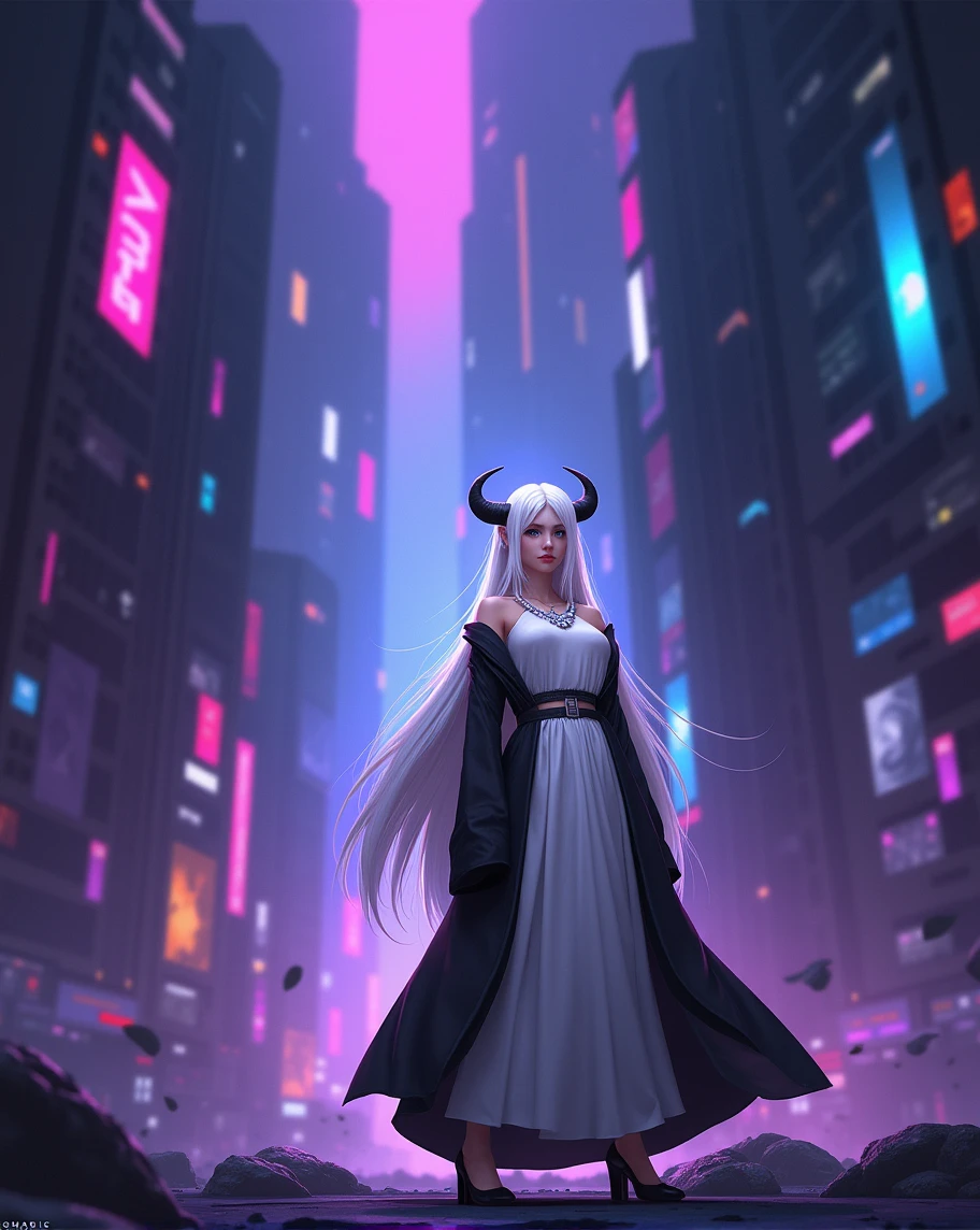 full body photo, woman standing in above the city, women looking at the viewer, facing the viewer, body facing the viewer, body facing front, face visible, body facing camera, long skirt plain outfit, simple outfit, sfw outfit, outfit covers her legs and chest, outfit in black and white, white long hair flowing in the wind, with horns, background is cyberpunk, dystopia, alien city, purple, blue, and pink lights, dark vibes, bloomy, lonely, dispair, final fantasy, post apocalypse