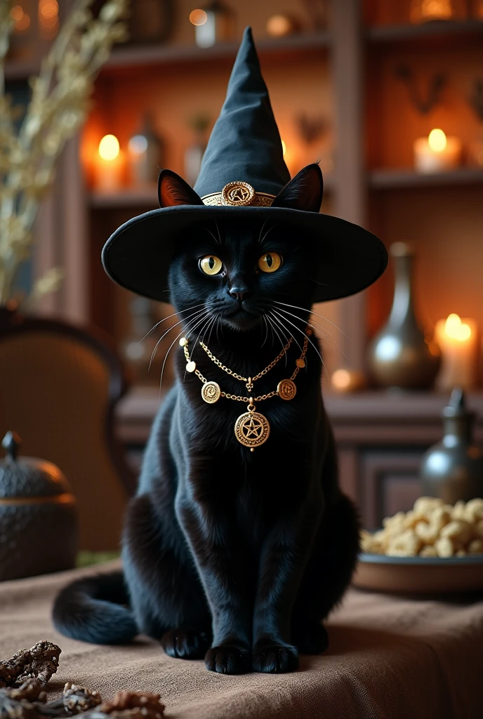 a cute black cat wearing witch'shat, in the style of dark amber and, hyper-detailed portraits, gothic fairytales, ethereal landscapes, hat, no humans, witch hat, cat, animal focus, animal, pumpkin, indoors, black headwear, wiccan artifacts, hyper-detailed,ultra-realistic, 8k,ultra-realistic, hyper-detailed, 32k uhd, (Background is Luxury witches room and magic room) Magic Items, Magic Bottle, Large Magic Bottles, Elven Magic Bottle, Fairy Magic Bottle, hexagram, Crystal Magic, magic books wiccan, Luxury hexagram necklace, luxurious witch necklace, very much Witch spices and Magic Spices, Magic Herbs in Bottles