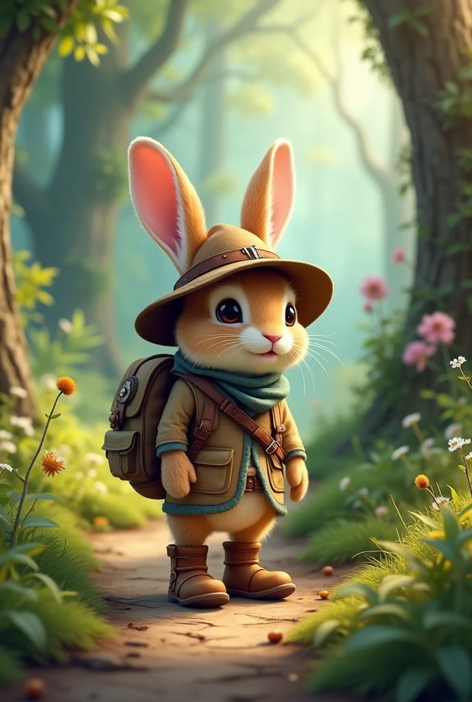 A little rabbit in an adventurer outfit in a beautiful forest 