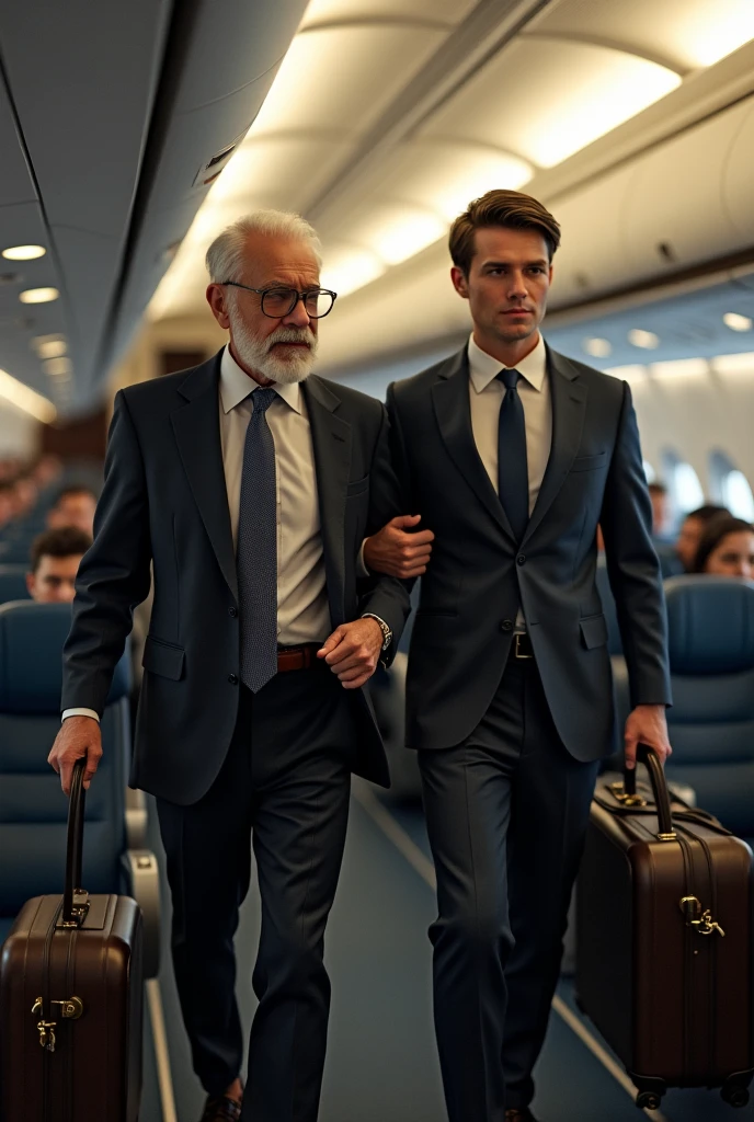 Rich old man travelling in flight with a young man 