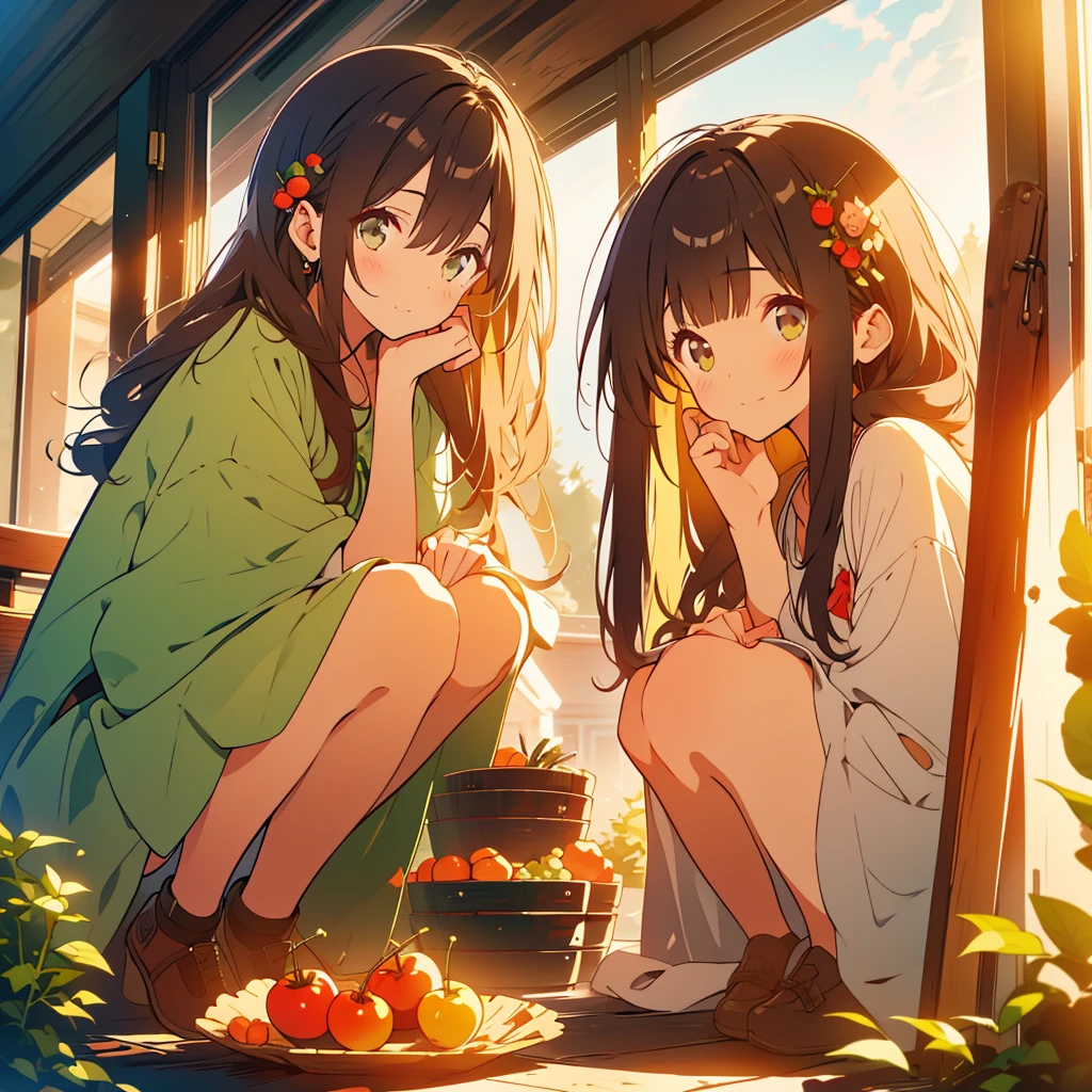 husk tomato、A girl with long dark brown hair and green eyes、Highlight on eyes、afternoon、countryside、Suspicious expression、Detailed facial expressions、Draw a single person、squat、winter cherry