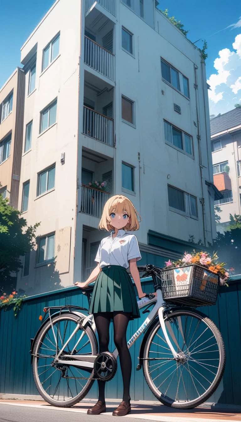 ((best quality)) , ((masterpiece)) , (detailed),The anime depicts a girl in a school uniform and tights standing next to a bicycle decorated with flowers. The background shows an apartment complex under a blue sky. With a light blonde, short haircut, the girl wears a white shirt, dark green skirt, and black stockings. The artwork is in the style of anime.
