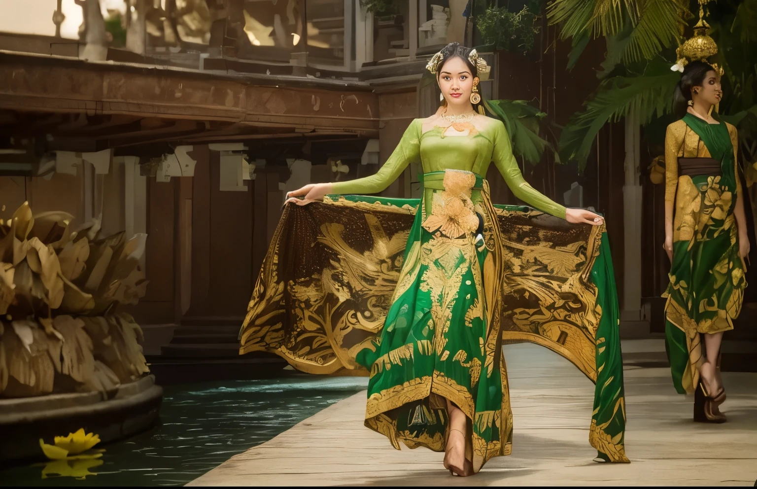 (nsfw:1.2), Hyperealism, 8k, textured skin, masterpiece, best quality, super detailed, beautiful, insanely detailed, absurdres,perfect anatomy, best anatomy,
an Indonesian girls, 17 years old, epic skin, black hair in a single big bun, beautiful face, perfect anatomy, wearing gold earrings, gold necklace, bracelet, wearing a green traditional Indonesian kebaya clothes, wearing an intricately patterned brown batik tapih indonesia, (heavy big breasts), was sitting by the lake, holding glass coffee: 1.2, holding a glass of hot coffee, enjoying the coffee and the view, the view was very beautiful, several birds flying: 1.2, flowers on the edge of the lake: 1.2, lotus flowers in the water: 1.0, fish appearing in the water: 1.2, the atmosphere was very realistic: 1.5, side corner shot, intricate, wide shot, canon, fujifilm, realistic photo, beest color, expert photography.