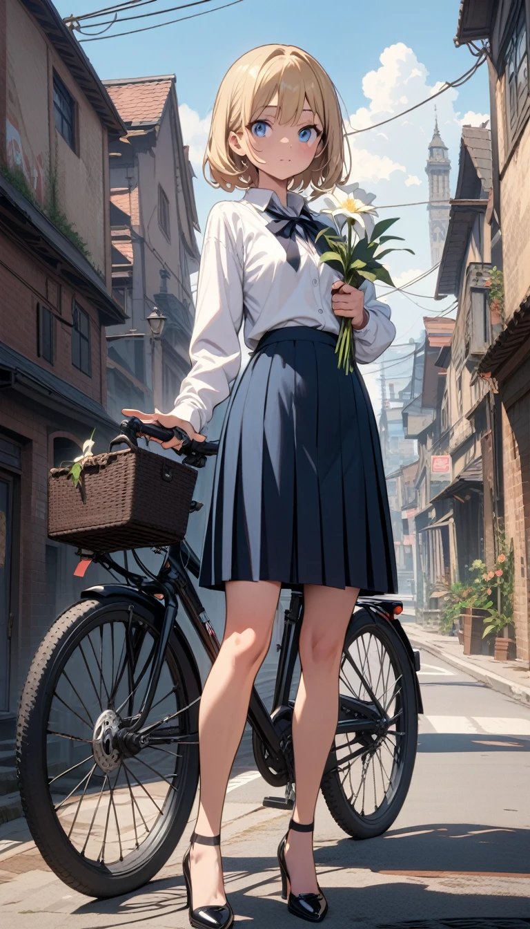 ((best quality)) , ((masterpiece)) , (detailed),The anime depicts an elegant girl with short blonde hair and blue eyes leaning against her bicycle holding flowers in one hand. She has fair skin, wears a white shirt, school uniform skirt, high heels, and the background shows a city street under a bright sky in the style of Hayao Miyazaki. High definition details, beautiful pictures, and high resolution are used to render her .