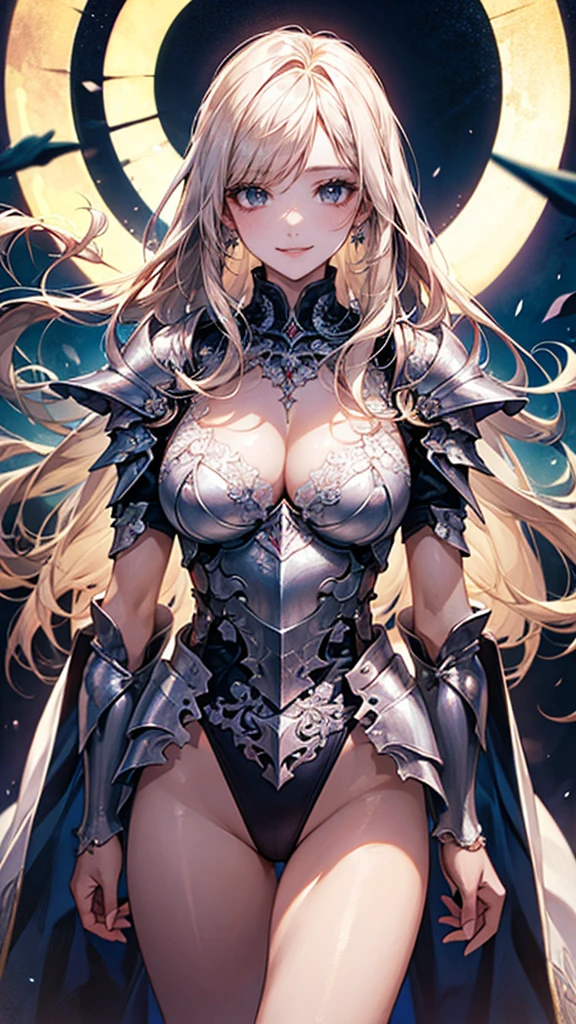 ((Highest quality, High resolution, masterpiece, detailed)),
Cowboy Shot, Written boundary depth, View your audience, Anatomically correct, woman, Shiny skin,
(Long Hair, Platinum Blonde Hair),
Beautiful details, Beautiful Hair, Beautiful Face, Beautiful clavicle, Beautiful breasts, Beautiful body, Beautiful waistline, Beautiful legs, Cleavage,
(knight, armor, Delicate decoration),
(Beautiful views), night, Fantasy, Different world, (smile, Part your lips),