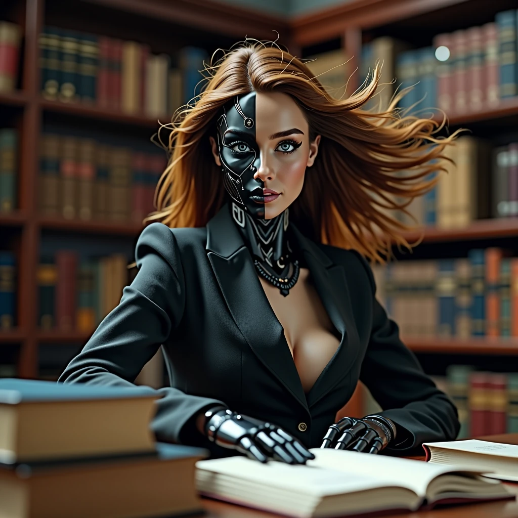 top quality, in libraryfuture world, State-of-the-art robot, Beautiful Woman, flying hair, Transformed into a cyborg except for the face, whole body photo, (((lawyer, law court, law related thick books on table, libra on table, suit, in office, library Alexandria)))