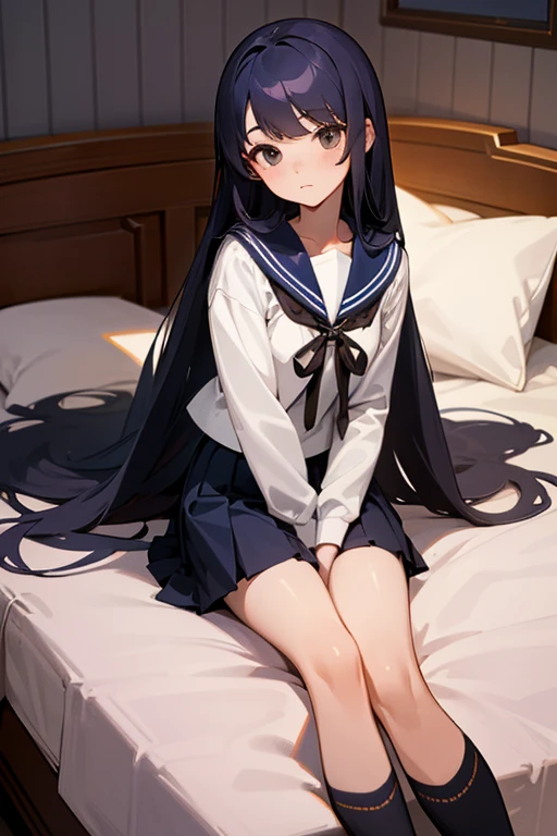 Highest quality、Real、high 、woman、Beautiful Face、On the bed in the room、Sitting with legs together、Brown long hair、Sailor suit、Black pleated skirt、Navy blue knee socks、Slim figure、