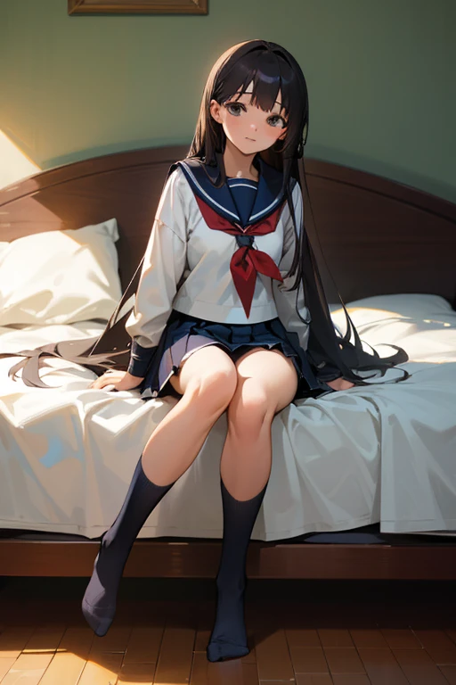 Highest quality、Real、high 、woman、Beautiful Face、On the bed in the room、Sitting with legs together、Brown long hair、Sailor suit、Black pleated skirt、Navy blue knee socks、Slim figure、