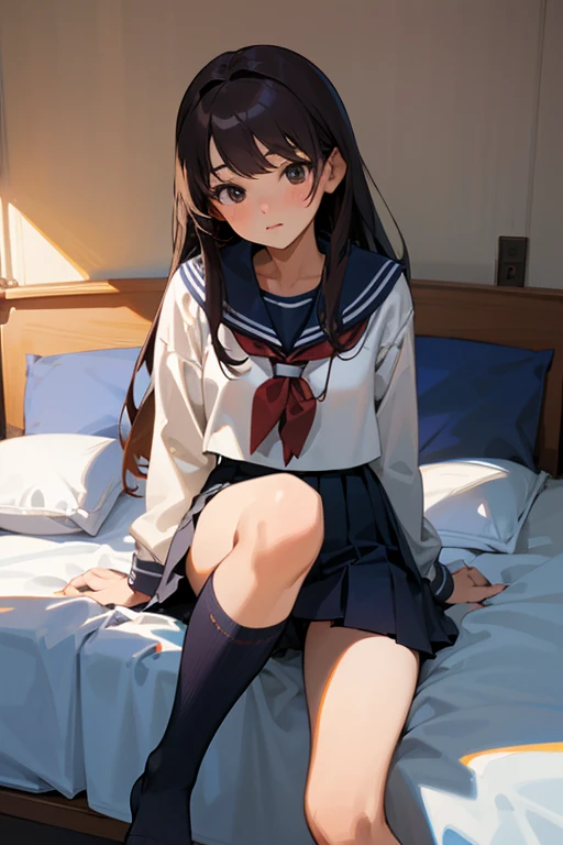 Highest quality、Real、high school student、woman、Beautiful Face、On the bed in the room、Sitting with legs together、Brown long hair、Sailor suit、Black pleated skirt、Navy blue knee socks、Slim figure、