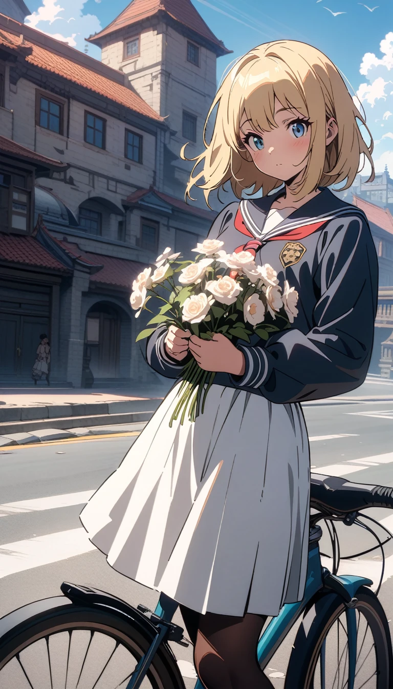 ((best quality)) , ((masterpiece)) , (detailed),A cute anime school girl with short blonde hair leaning against her bicycle holding flowers. She is wearing black tights and a white skirt. The background has a blue sky and clouds over an old building. The art style is in the style of Makoto Shinkai. Anime style, high resolution, high quality, high detail, sharp focus, intricate details, perfect lighting.