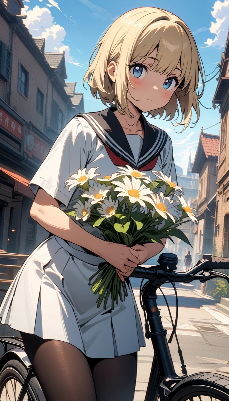 ((best quality)) , ((masterpiece)) , (detailed),A cute anime school girl with short blonde hair leaning against her bicycle holding flowers. She is wearing black tights and a white skirt. The background has a blue sky and clouds over an old building. The art style is in the style of Makoto Shinkai. Anime style, high resolution, high quality, high detail, sharp focus, intricate details, perfect lighting.