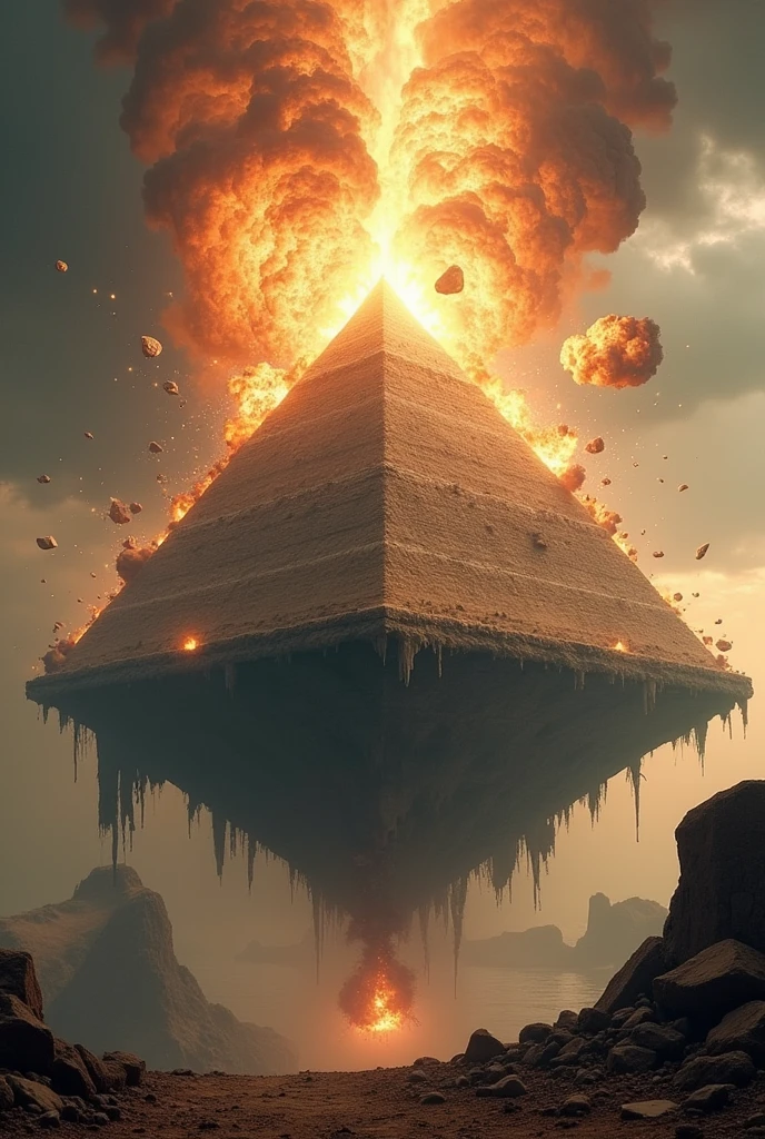 A flying ancient gargantuan Floating Sky Pyramid exploding from the inside out, sending large chunks flying outward and falling to the earth below, the pyramid should be in ruins